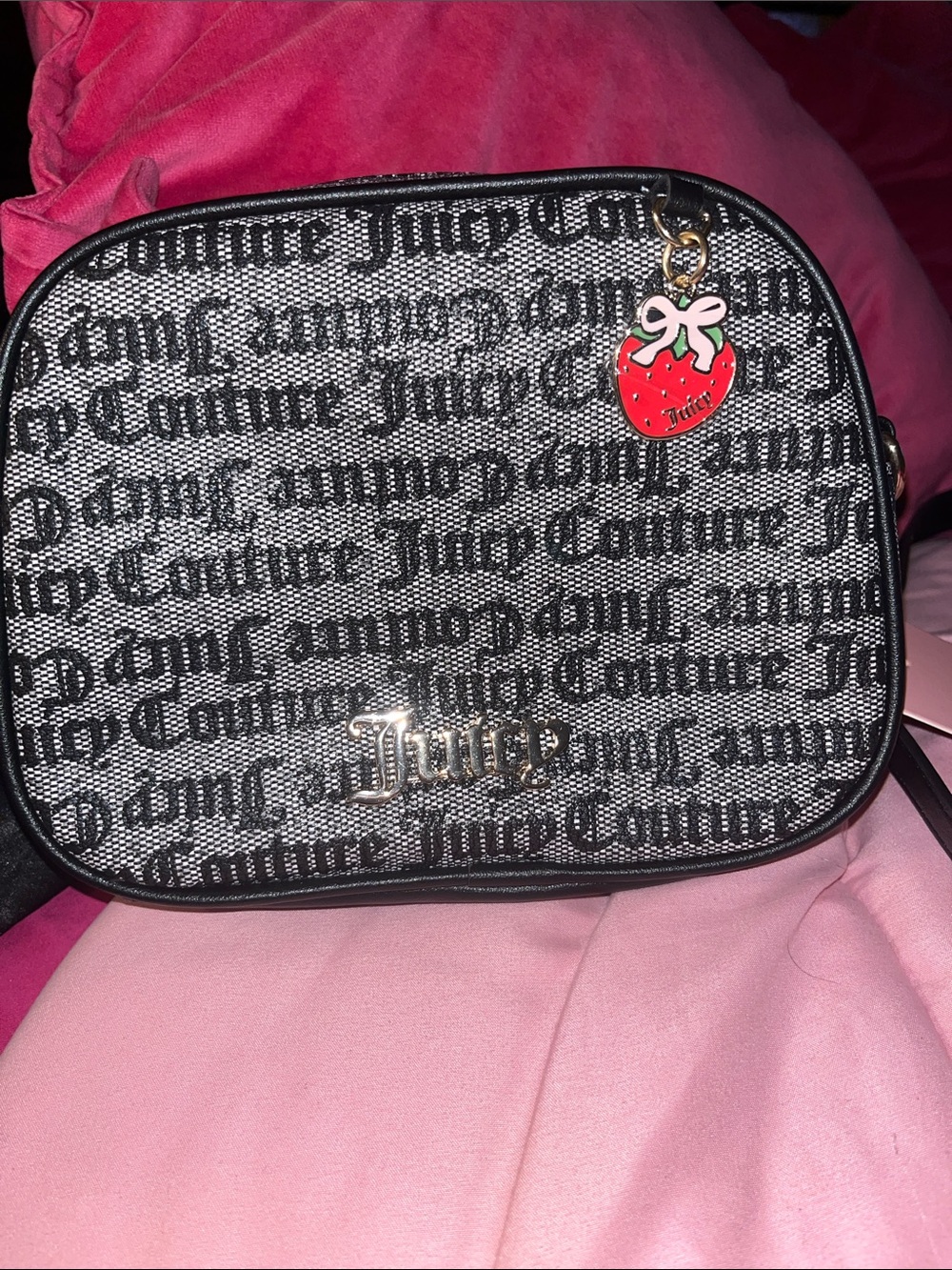 Juicy Couture Black & Gray Logo Crossbody with Red Strawberry Charm